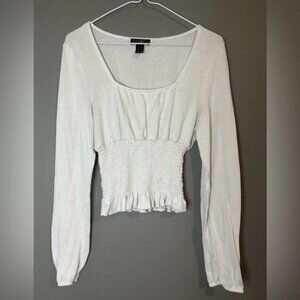 Revamped size M Women's White Smocked Top, long sleeve, ruched waist